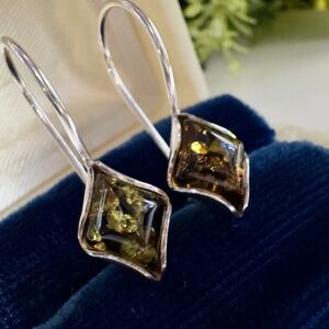 Vintage Handmade Solid 925 Sterling Silver Amber Drop Earrings